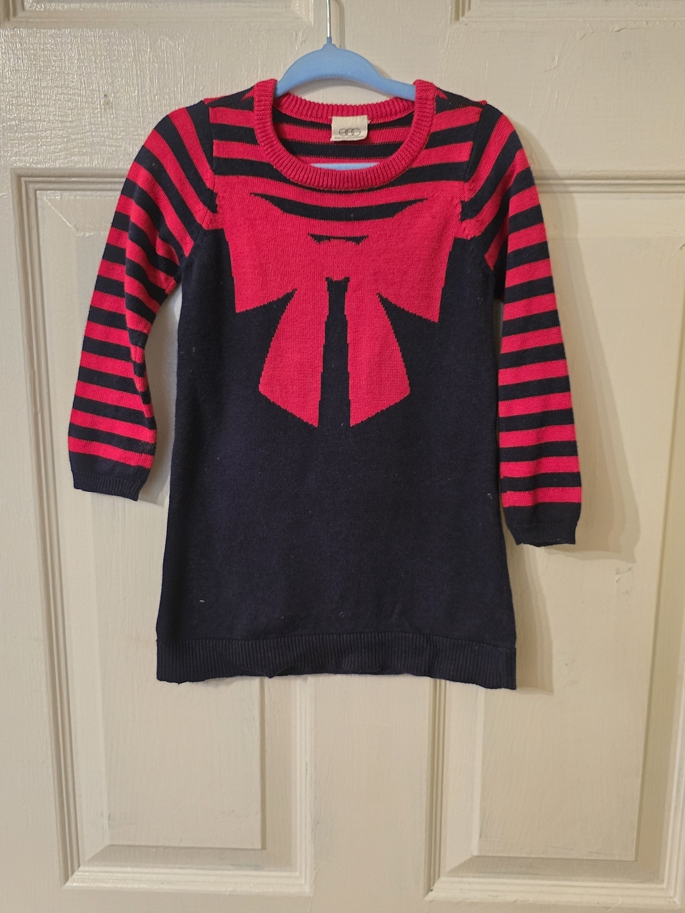 Girls Navy Sweater Dress with Red Bow Accent - Cozy Knit